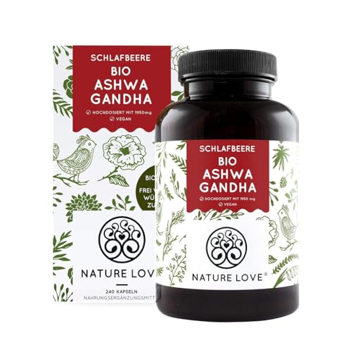 NATURE LOVE® Bio Ashwagandha - Hochdosiert mit 1950mg je Tagesdosis - 240 Kapseln - Hochwertige...