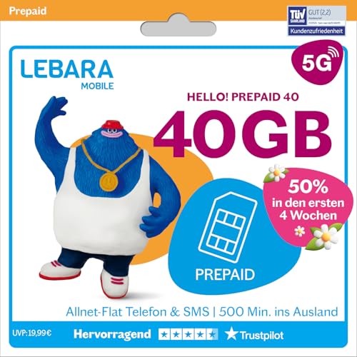 LEBARA Prepaid SIM-Karte mit Hello! 40 Prepaid Tarif ohne Vertrag | Allnet Flat Telefonie & SMS, 40...